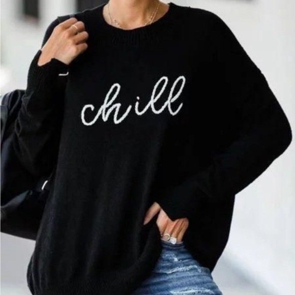 NWOT Gilli Black Sweater with White 'Chill' Design - Picture 1 of 8